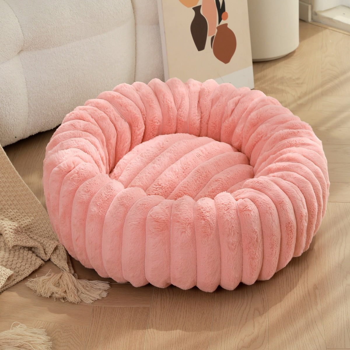 Pet bed high weight straight striped rabbit plush pet velvety round dog cat bed