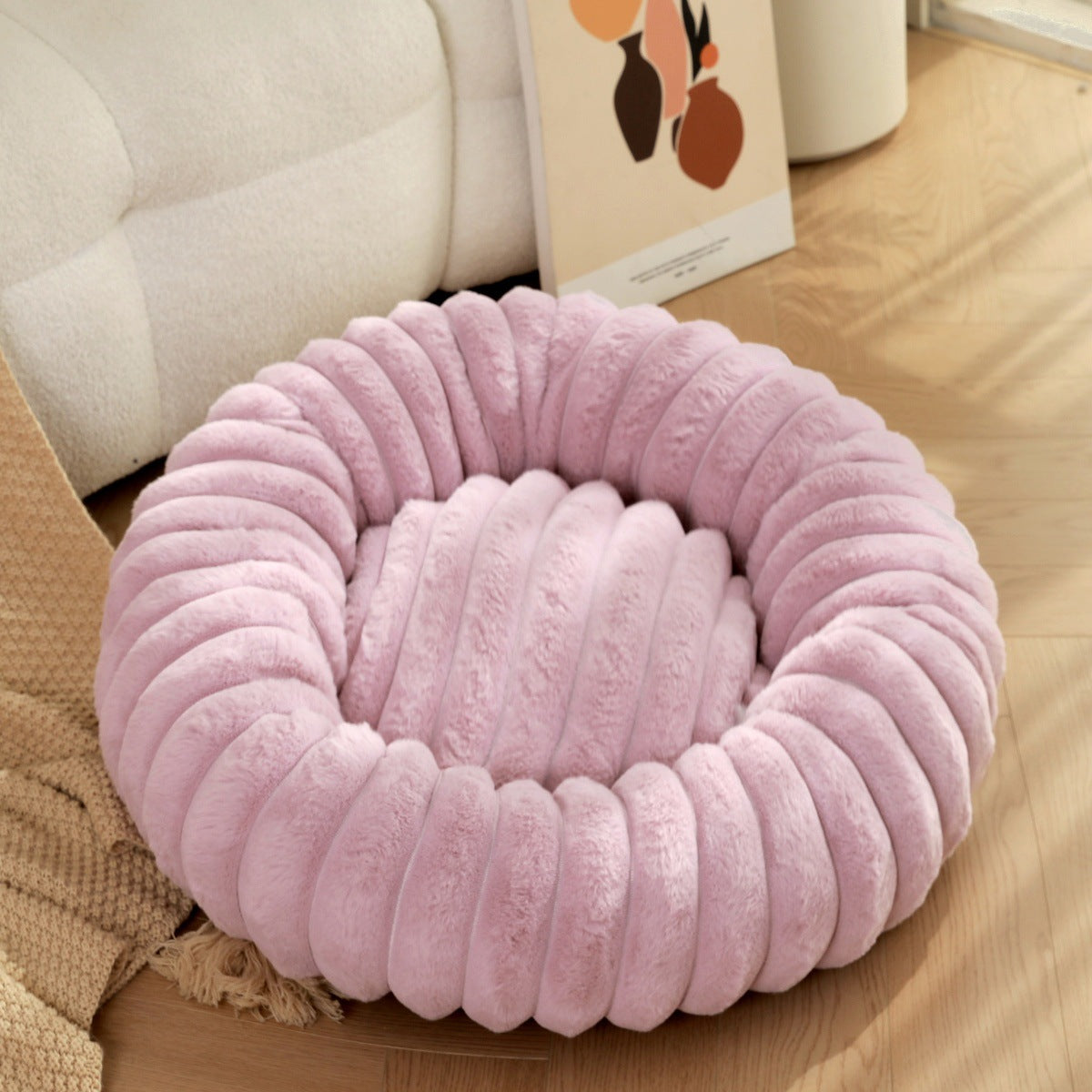 Pet bed high weight straight striped rabbit plush pet velvety round dog cat bed