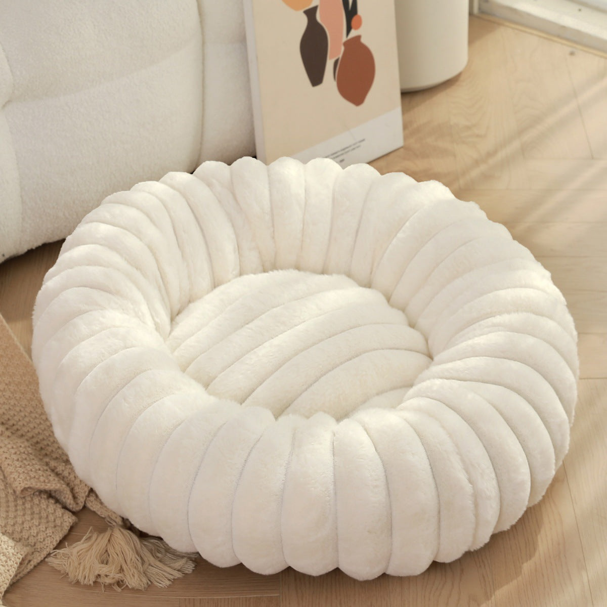 Pet bed high weight straight striped rabbit plush pet velvety round dog cat bed