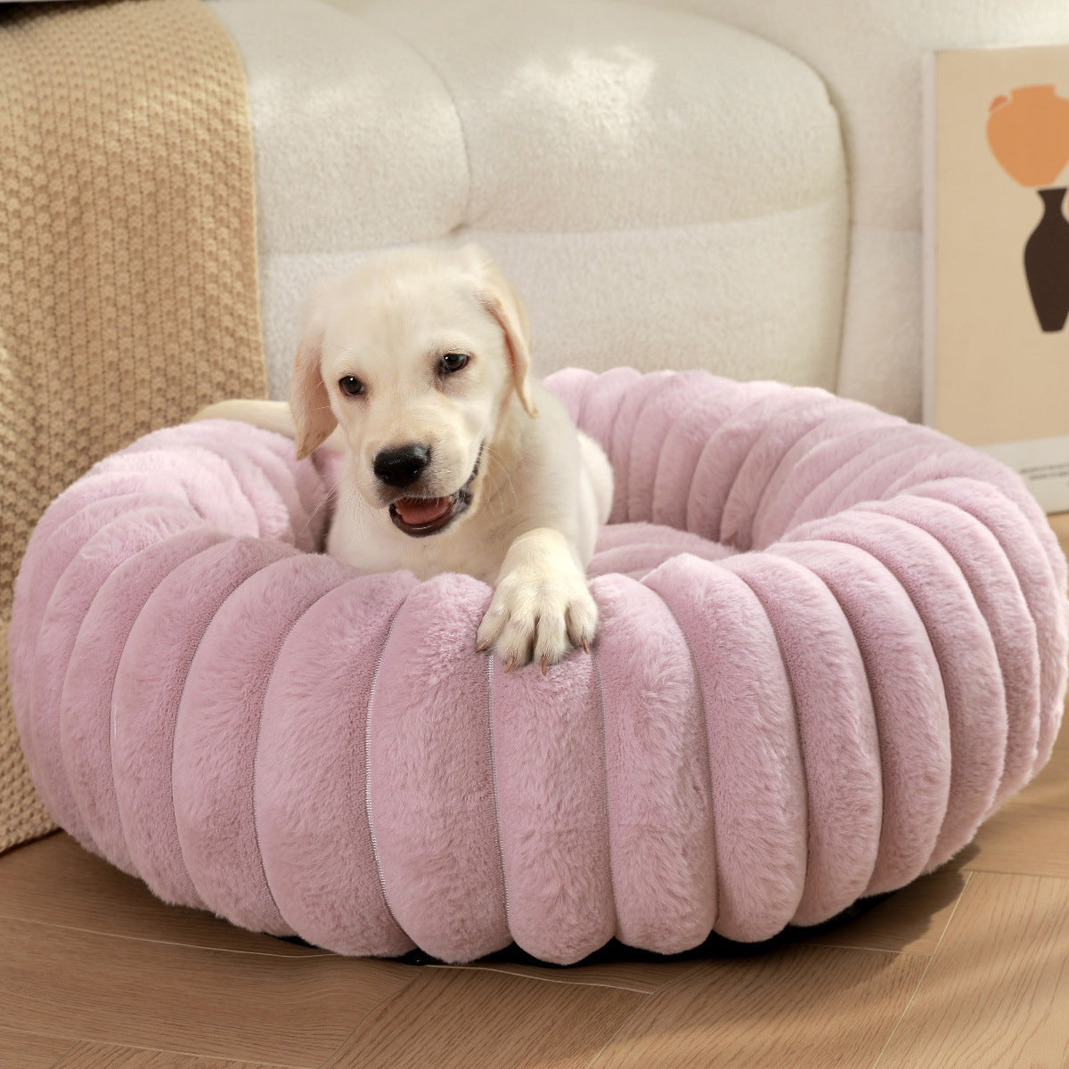 Pet bed high weight straight striped rabbit plush pet velvety round dog cat bed