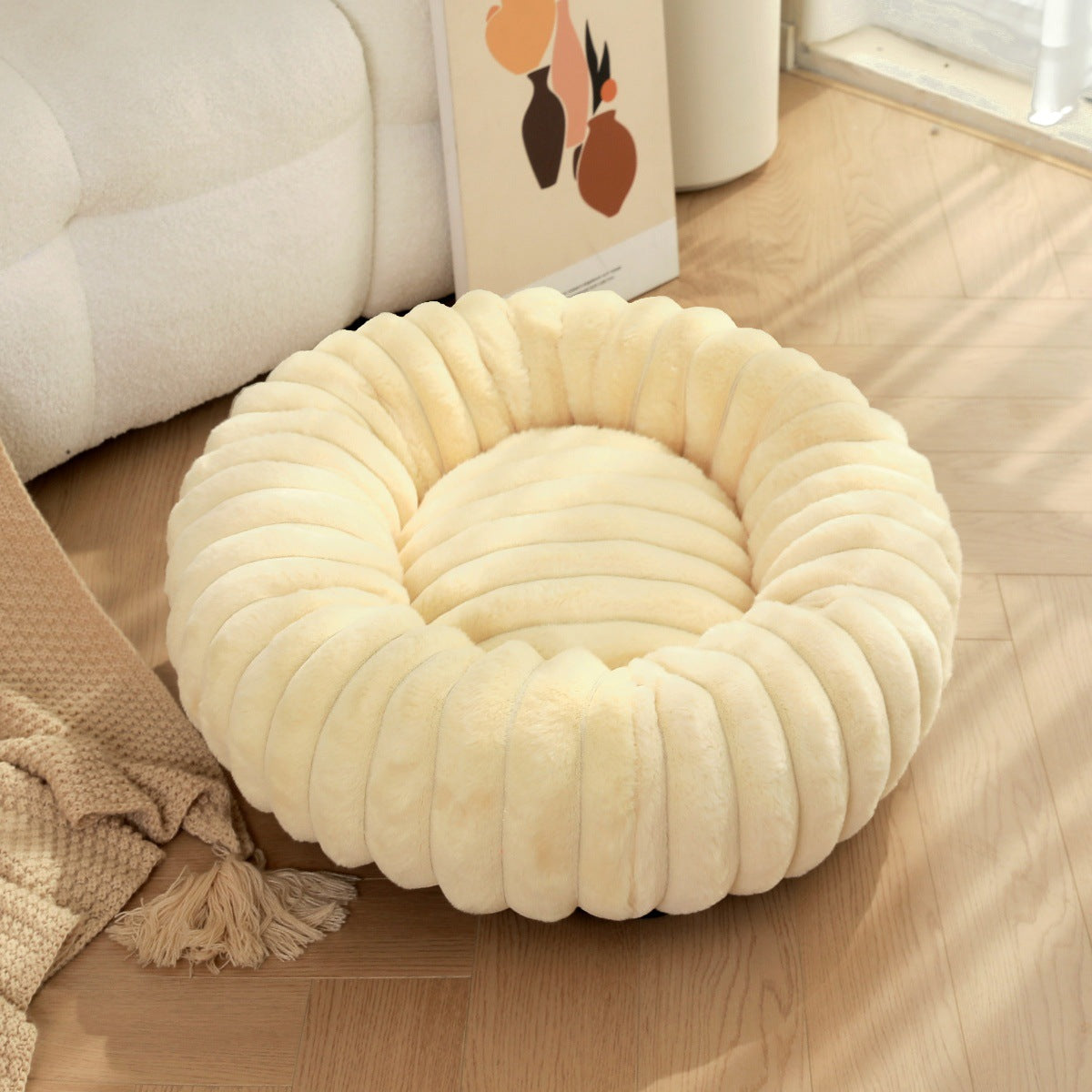 Pet bed high weight straight striped rabbit plush pet velvety round dog cat bed