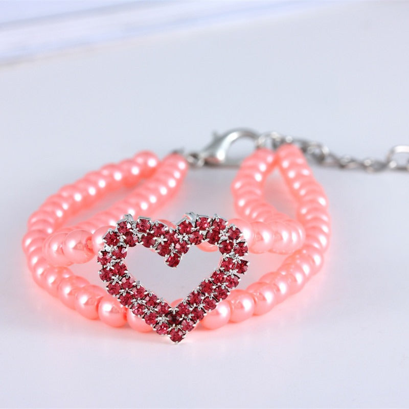 New Pet Collar Rhinestone Heart Pearl Jewelry Cat Dog Necklace