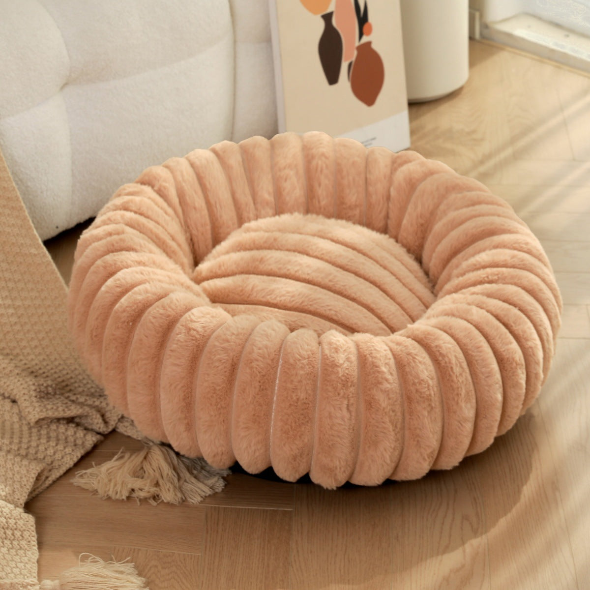 Pet bed high weight straight striped rabbit plush pet velvety round dog cat bed