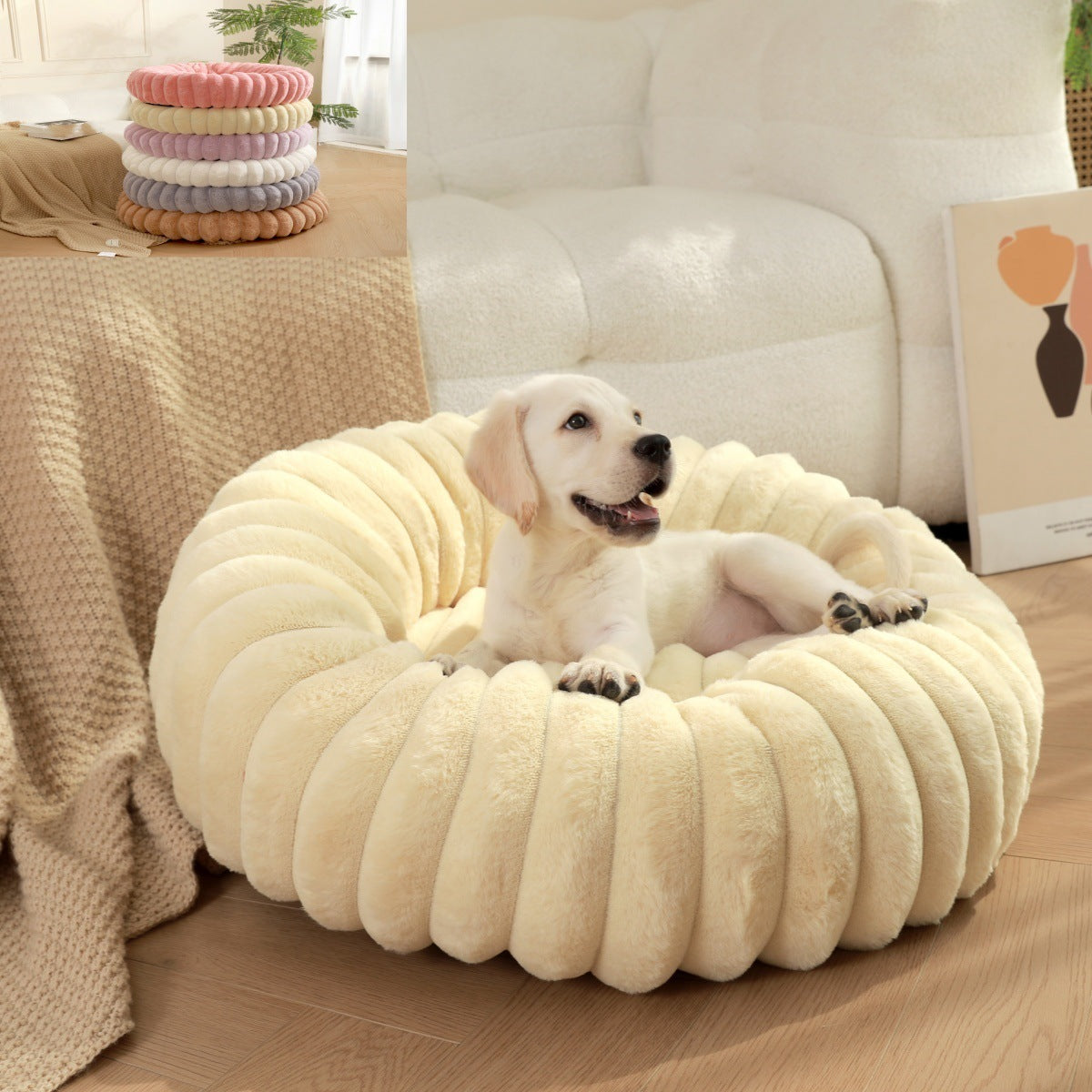 Pet bed high weight straight striped rabbit plush pet velvety round dog cat bed