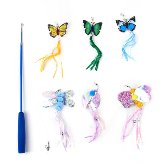 7 Pcs Cat Fishing Rod Toy Set Teasing Cat Stick Various Butterfly Dragonfly Toy Sets