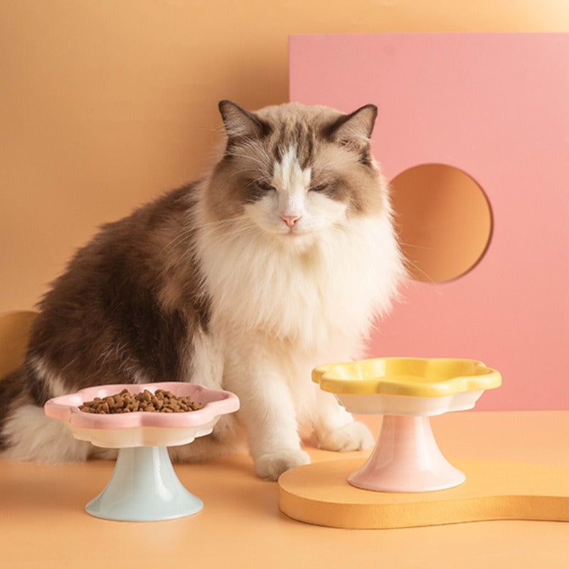 Pastel Floral Ceramic Cat Bowl – Anti-Overturning Pet Food & Water Bowl