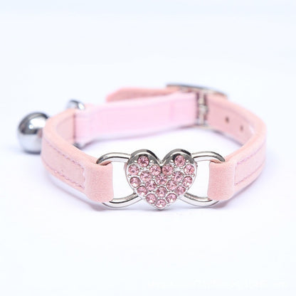 Cute Cat Diamond Heart Charm Collar with Bell – 8 Color Velvet, 28-30cm