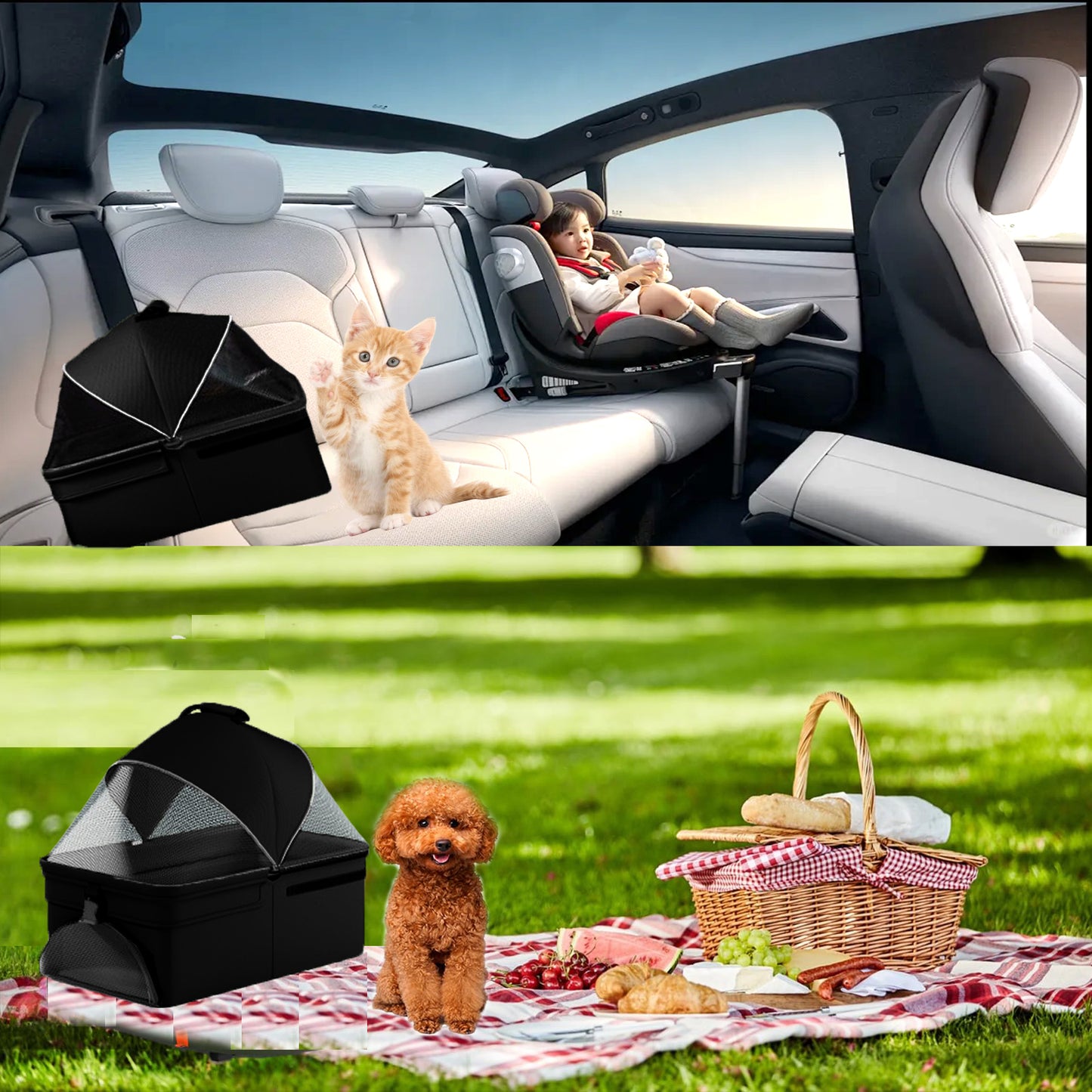 3-in-1 folding dog stroller, pet folding cart, four-wheel dog/cat cart, waterproof pad, car seat, sun visor