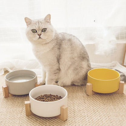 Cute Non-Slip Ceramic Cat Bowl with Wooden Frame – Anti-Spill Design for Feeding and Drinking