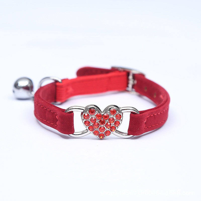 Cute Cat Diamond Heart Charm Collar with Bell – 8 Color Velvet, 28-30cm