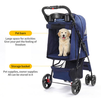 Pet Summer Folding Cat & Dog Travel Cart – Lightweight, Foldable, 4-Wheeled Stroller with Storage & Safety Features