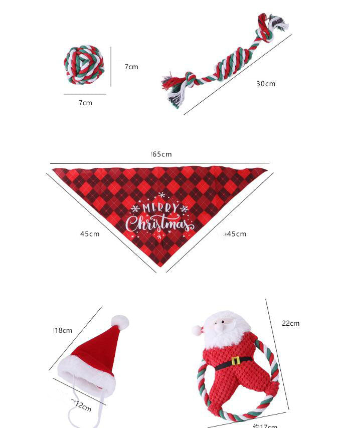 Holiday Pet Toy Set – 5-Piece Cotton Rope &amp; Santa Hat Bandana Set