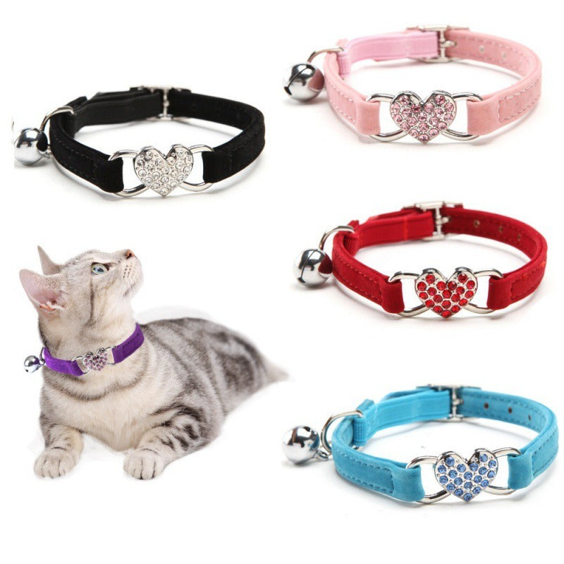 Cute Cat Diamond Heart Charm Collar with Bell – 8 Color Velvet, 28-30cm