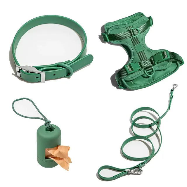 Luxury Waterproof Dog Harness, Leash, Collar & Poop Bag Dispenser Set