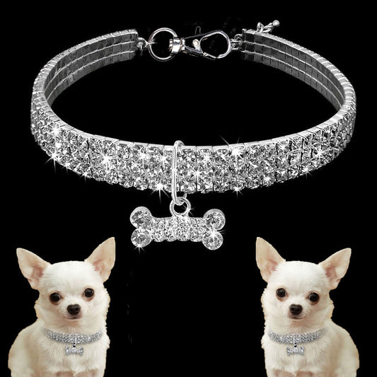 Crystal Bone Pendant Pet Collar – Stylish Adjustable for Dogs and Puppies