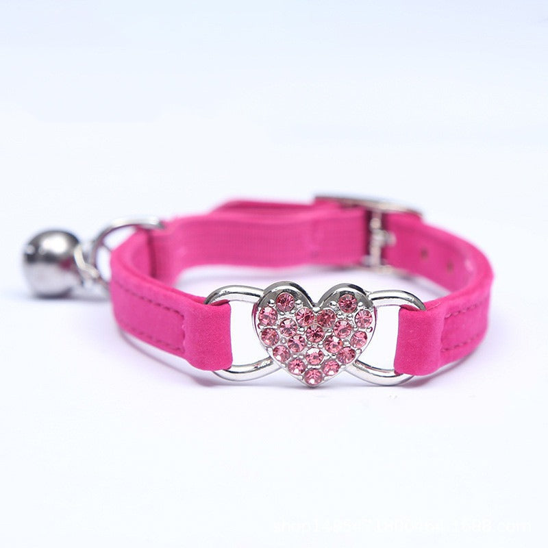 Cute Cat Diamond Heart Charm Collar with Bell – 8 Color Velvet, 28-30cm