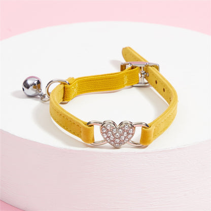 Cute Cat Diamond Heart Charm Collar with Bell – 8 Color Velvet, 28-30cm