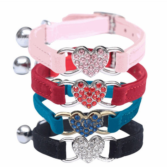 Cute Cat Diamond Heart Charm Collar with Bell – 8 Color Velvet, 28-30cm