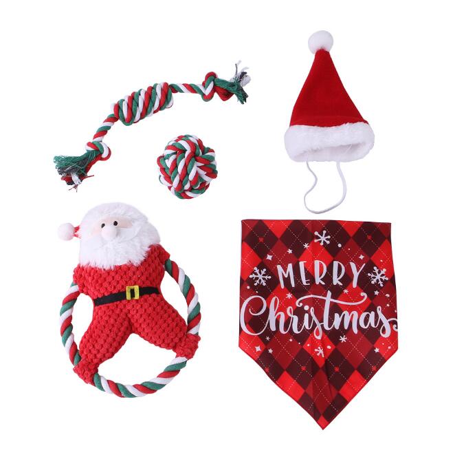 Holiday Pet Toy Set – 5-Piece Cotton Rope &amp; Santa Hat Bandana Set