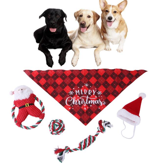 Holiday Pet Toy Set – 5-Piece Cotton Rope &amp; Santa Hat Bandana Set