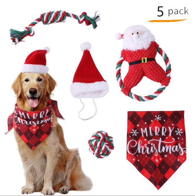 Holiday Pet Toy Set – 5-Piece Cotton Rope &amp; Santa Hat Bandana Set