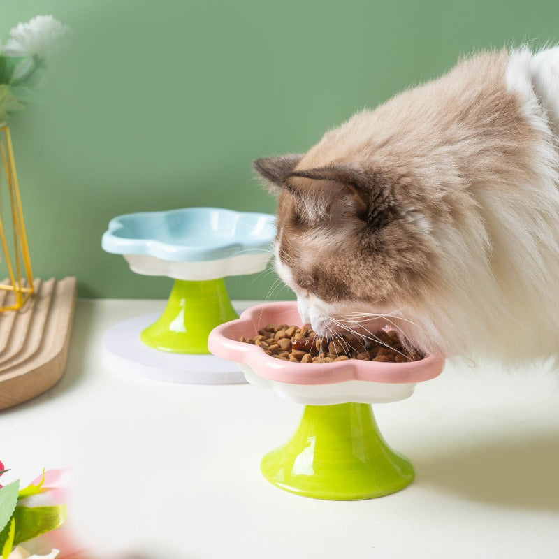 Flower Cat Bowl Ceramic Cat Bowl Cat Food Bowl Eating and Drinking Water High Feet Protection Cervical Neck Pet Food Bowl