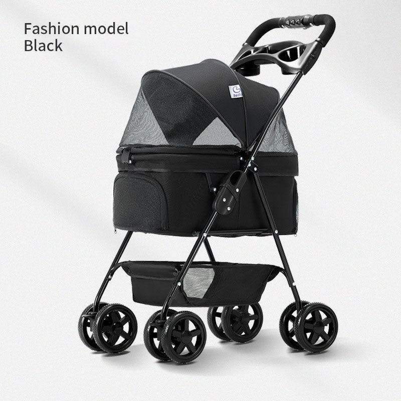 Pet Summer Folding Cat & Dog Travel Cart – Lightweight, Foldable, 4-Wheeled Stroller with Storage & Safety Features