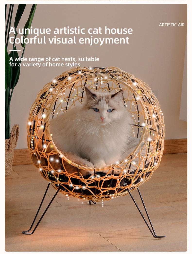 Elegant Semi-Closed Rattan Cat Nesting Bed- Cozy Handwoven Bed