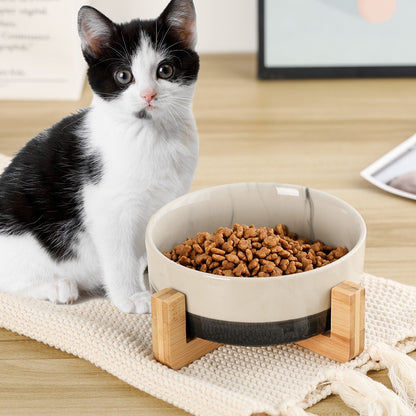 Cute Non-Slip Ceramic Cat Bowl with Wooden Frame – Anti-Spill Design for Feeding and Drinking