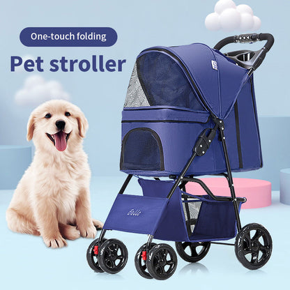 Pet Summer Folding Cat & Dog Travel Cart – Lightweight, Foldable, 4-Wheeled Stroller with Storage & Safety Features