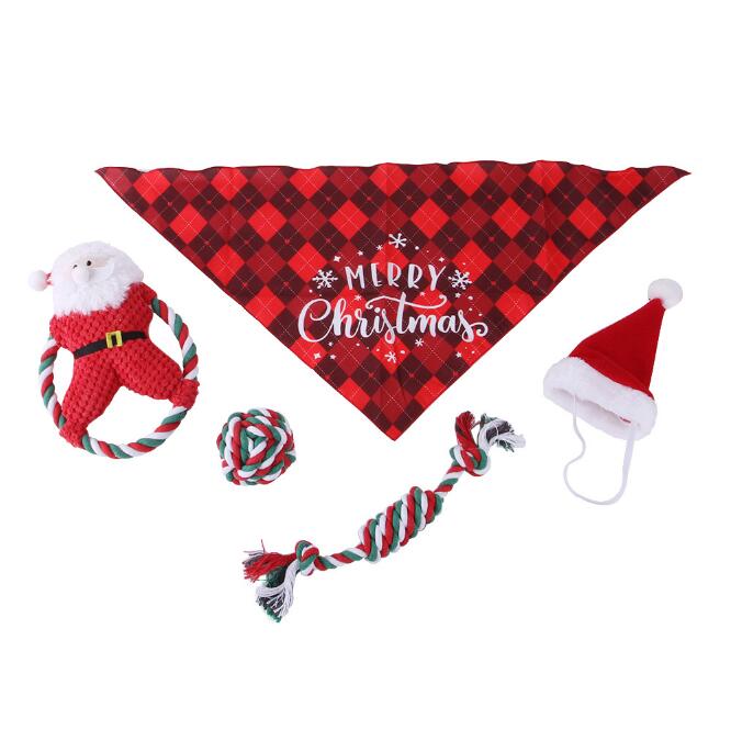 Holiday Pet Toy Set – 5-Piece Cotton Rope &amp; Santa Hat Bandana Set