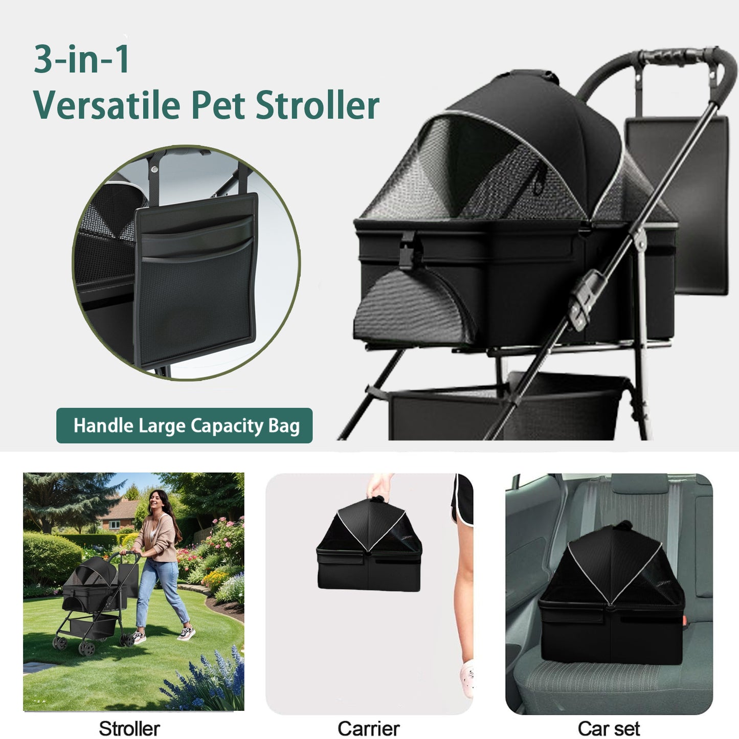 3-in-1 folding dog stroller, pet folding cart, four-wheel dog/cat cart, waterproof pad, car seat, sun visor