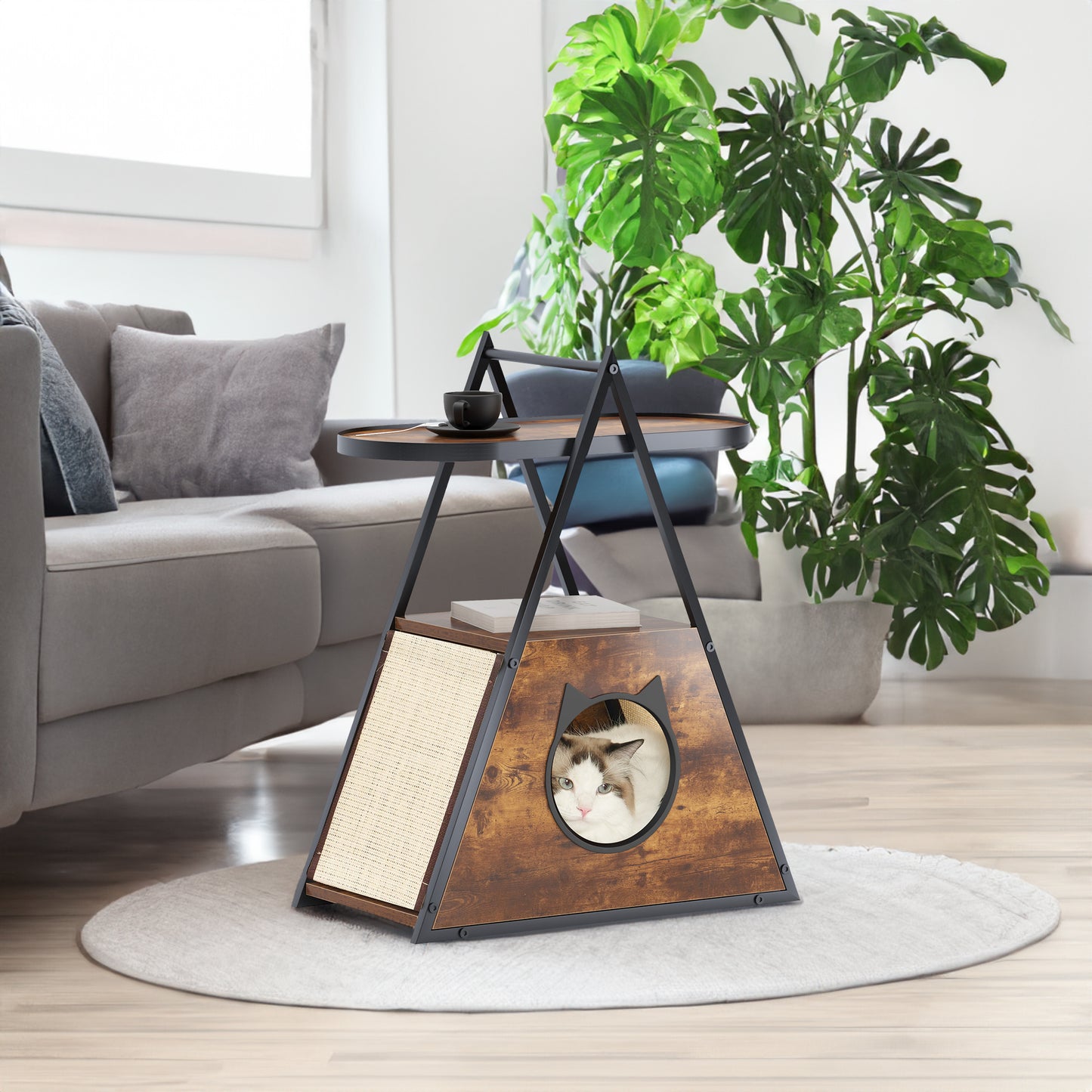 Wood Cat Condo End Table – Black Vintage Pet Furniture, Expandable Storage