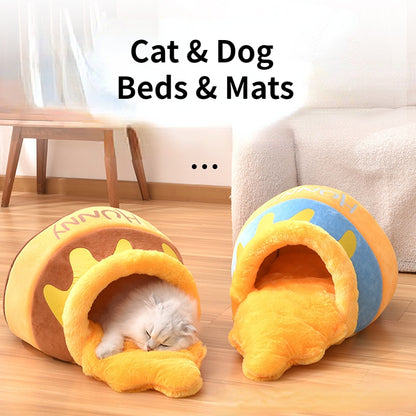 Pooh-Themed Cozy Pet Nest - Plush Cartoon Cat & Dog Bed with Canned Honey Design