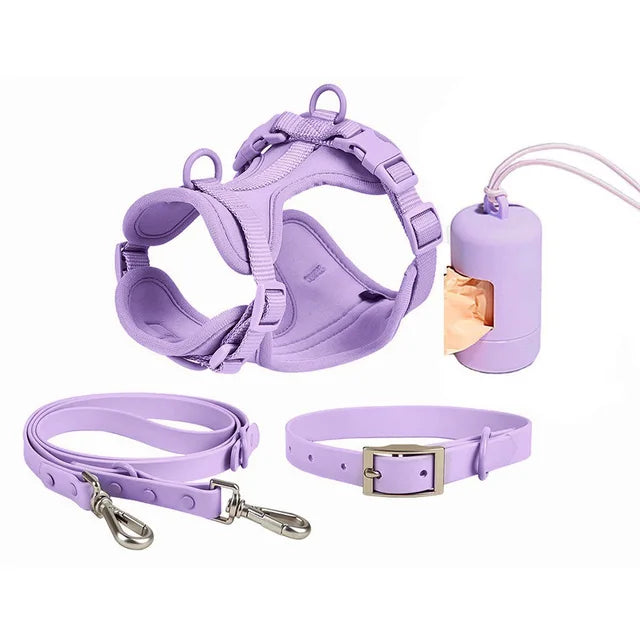 Luxury Waterproof Dog Harness, Leash, Collar & Poop Bag Dispenser Set