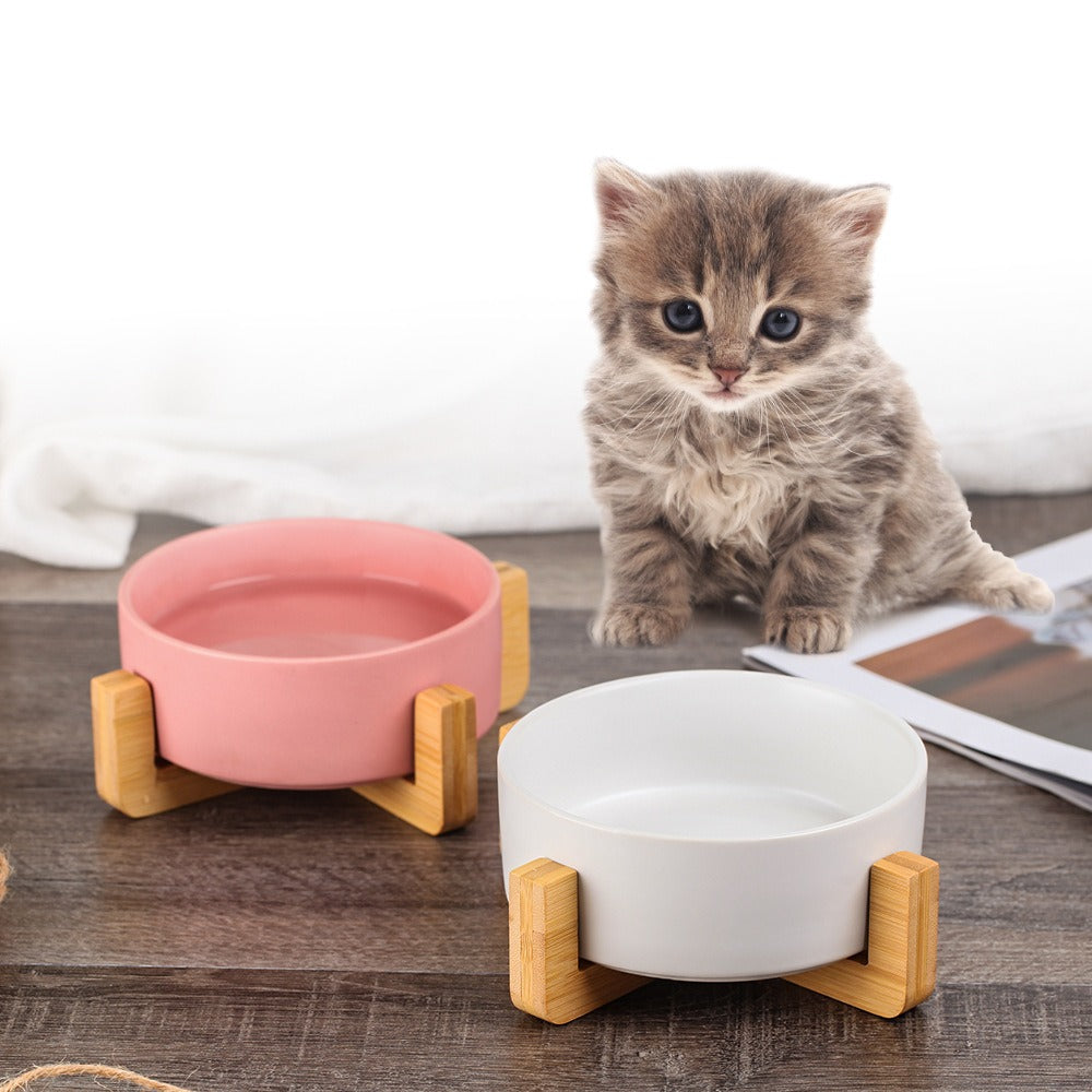 Cute Non-Slip Ceramic Cat Bowl with Wooden Frame – Anti-Spill Design for Feeding and Drinking