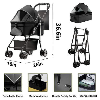 3-in-1 folding dog stroller, pet folding cart, four-wheel dog/cat cart, waterproof pad, car seat, sun visor