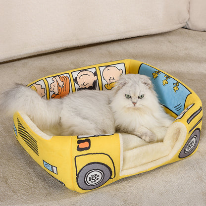 2 in 1 Bus Shaped Cat & Dog Bed – Cute, Foldable All-Season Pet Cubby