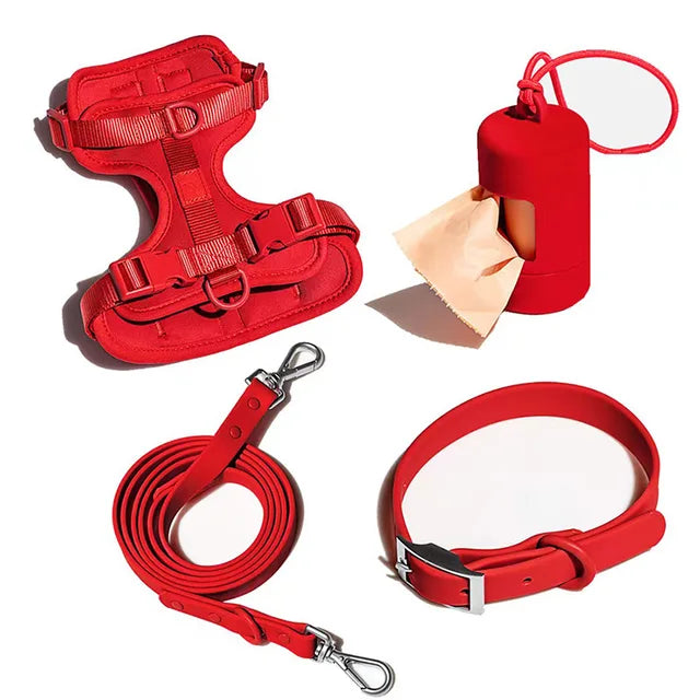 Luxury Waterproof Dog Harness, Leash, Collar & Poop Bag Dispenser Set