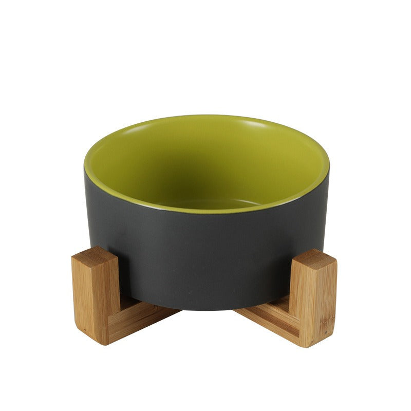 Cute Non-Slip Ceramic Cat Bowl with Wooden Frame – Anti-Spill Design for Feeding and Drinking