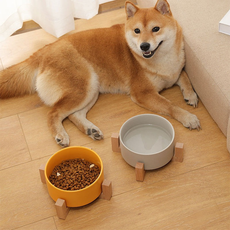 Cute Non-Slip Ceramic Cat Bowl with Wooden Frame – Anti-Spill Design for Feeding and Drinking