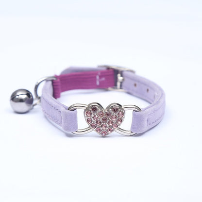 Cute Cat Diamond Heart Charm Collar with Bell – 8 Color Velvet, 28-30cm