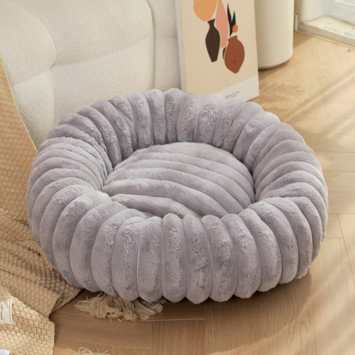 Pet bed high weight straight striped rabbit plush pet mat long hair round cat bed winter warm dog bed dog bed