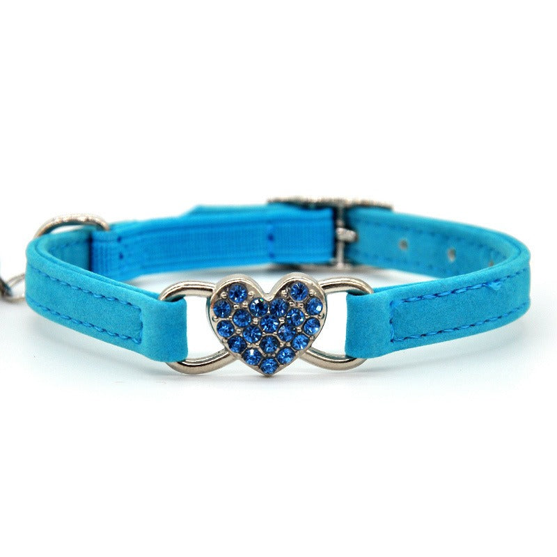 Cute Cat Diamond Heart Charm Collar with Bell – 8 Color Velvet, 28-30cm