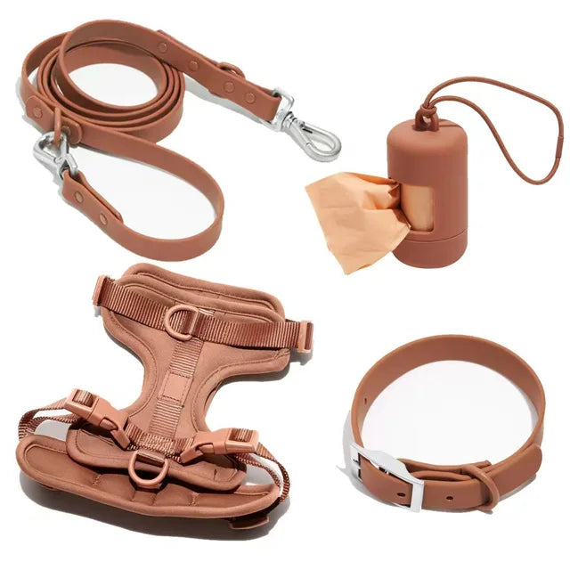 Luxury Waterproof Dog Harness, Leash, Collar & Poop Bag Dispenser Set